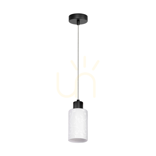 Kontrola Závěsné svítidlo Flores, 1xE27, Max. 60 W, černý kov / průhledný PVC kabel / bílé skleněné stínidlo s květinovým vzorem, Ø 10 cm