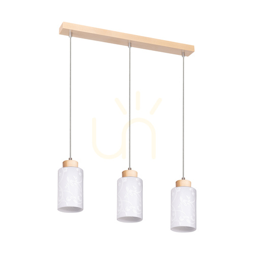 Kontrola Závěsné svítidlo Flores, 3xE27, Max. 60 W, bříza / průhledný PVC kabel / bílé skleněné stínidlo s květinovým vzorem, 54 cm