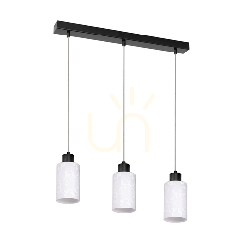 Kontrola Závěsné svítidlo Flores, 3xE27, Max. 60 W, černý kov / průhledný PVC kabel / bílé skleněné stínidlo s květinovým vzorem, 57 cm