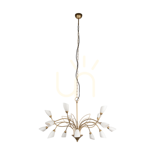 Kontrola Závěsné svítidlo Gloriosa, 15xG9, Max. 6W LED, zlatý kov / černý PVC kabel / bílé skleněné stínidlo, Ø 108 cm