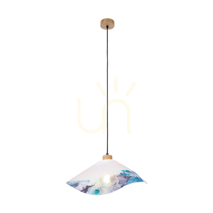 Závěsné svítidlo Hattu s květinovým motivem, 1xE27, max.. 40 W, olejovaný dub / černý pletený kabel / bílý a vícebarevný stínidlo, Ø 50 cm small 1