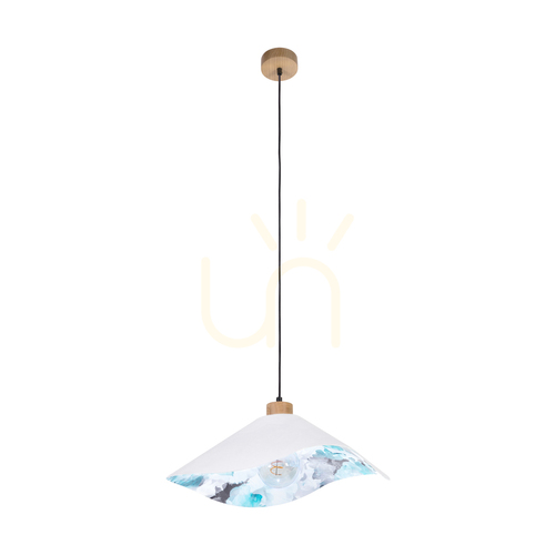 Kontrola Závěsné svítidlo Hattu s květinovým motivem, 1xE27, max.. 40 W, olejovaný dub / černý pletený kabel / bílý a vícebarevný stínidlo, Ø 50 cm