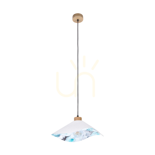 Kontrola Závěsné svítidlo Hattu s květinovým motivem, 1xE27, max.. 40 W, olejovaný dub / černý opletený kabel / bílý a vícebarevný stínidlo, Ø 40 cm