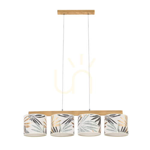 Kontrola Závěsné svítidlo Hoja 4xE27 Max. 25 W, olejovaný dub / průhledný PVC kabel / vícebarevný stínidlo z tapety, 86 cm