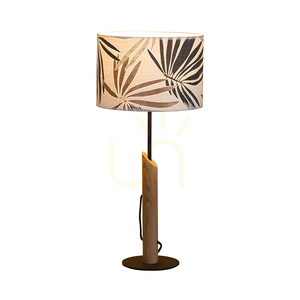 Stolní lampa Hoja, 1xE27, Max. 60 W, olejovaný dub / černý kov / černý opletený kabel / pestrobarevný stínidlo z tapety, Ø 27 cm small 1