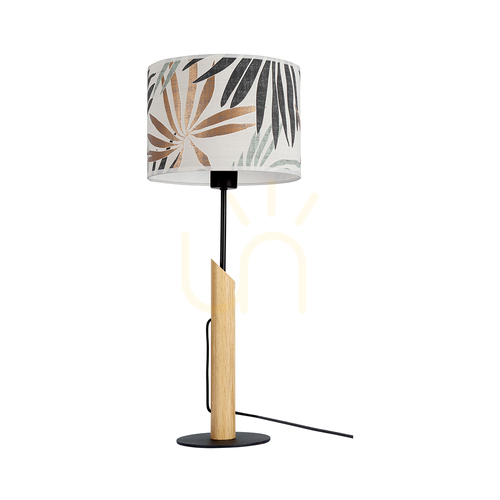 Kontrola Stolní lampa Hoja, 1xE27, Max. 60 W, olejovaný dub / černý kov / černý opletený kabel / pestrobarevný stínidlo z tapety, Ø 27 cm