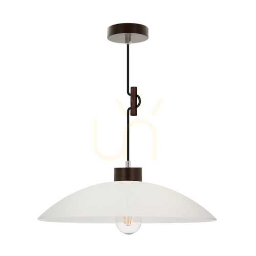 Kontrola Závěsné svítidlo Jona, 1xE27, Max. 60 W, bukové a ořechové dřevo, opletený kabel, bílé skleněné stínidlo, Ø 40 cm