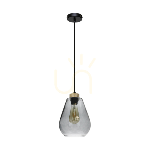 Kontrola Závěsné svítidlo Kigali 1xE27 Max. 60 W, olejovaný dub / černý kov / černý PVC kabel / stínidlo z kouřového skla, Ø 19 cm