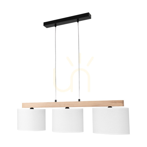 Kontrola Závěsné svítidlo Lora, 3xE27, Max. 40 W, olejovaný dub / černý kov / průhledný PVC kabel / bílé stínidlo, 90 cm