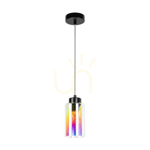 Kontrola Závěsné svítidlo Meno, 1xE27, Max. 60 W, černý kov / průhledný PVC kabel / vícebarevný skleněný stínidlo, Ø 10 cm