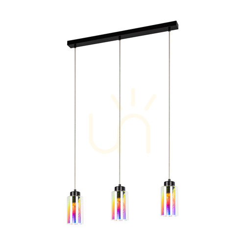 Kontrola Závěsné svítidlo Meno, 3xE27, Max. 60 W, černý kov / průhledný PVC kabel / vícebarevný skleněný stínidlo, 54 cm