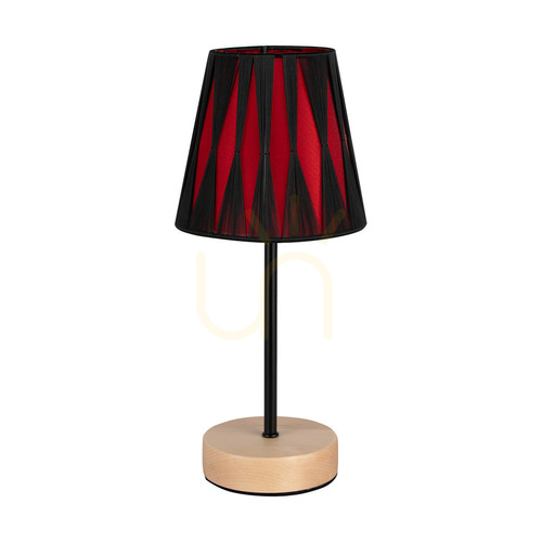 Kontrola Stolní lampa Mila Wood, 1xE14, Max. 40 W, bříza/černý kov/černý PVC kabel/černý a červený stínidlo, Ø 14 cm