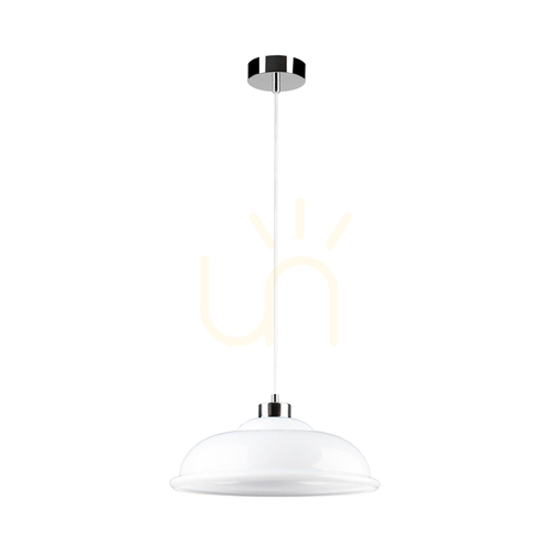Kontrola Závěsné svítidlo Molde, 1xE27, Max. 60 W, chromovaný kov / průhledný PVC kabel / bílé skleněné stínidlo, Ø 34 cm
