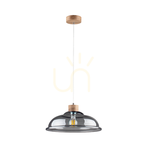 Kontrola Závěsné svítidlo Molde, 1xE27, Max. 60 W, olejovaný dub / průhledný PVC kabel / stínidlo z kouřového skla, Ø 34 cm