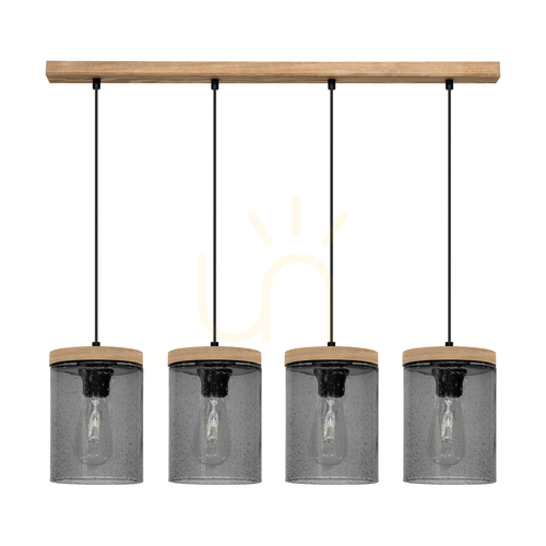 Kontrola Závěsné svítidlo Monsun 4xE27 Max. 60 W, borovice mořená do hněda / černý PVC kabel / stínidlo z kouřového skla, 100 cm