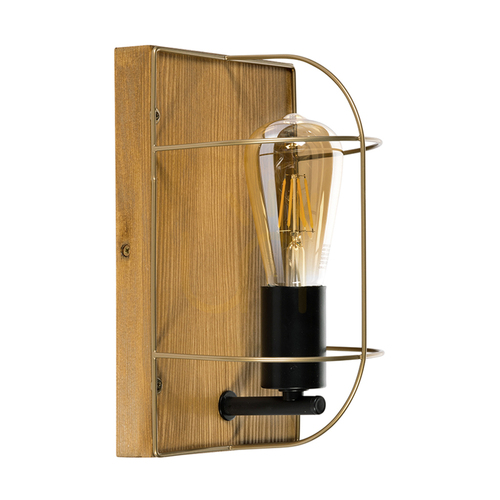 Kontrola Nástěnné svítidlo Netuno, 1xE27, Max. 15 W LED, borovice mořená do hněda / černý kov / zlatý kovový stínidlo, 15 cm