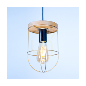 Závěsné svítidlo Netuno, 1xE27, Max. 60 W, borovice mořená do hněda / černý kov / černý PVC kabel / zlatý kovový stínidlo, Ø 15 cm small 2