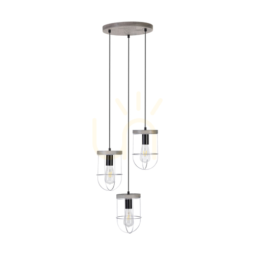 Kontrola Závěsné svítidlo Netuno 3xE27 Max. 60 W, mořená borovice, šedá/černý kov, černý PVC kabel, stříbrný kovový stínidlo, Ø 50 cm