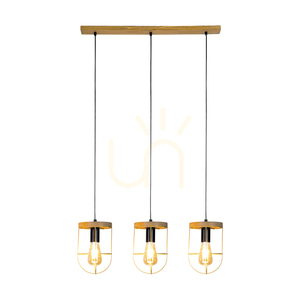 Závěsné svítidlo Netuno, 3xE27, Max. 60 W, borovice mořená do hněda / černý kov / černý PVC kabel / zlatý kovový stínidlo, 76 cm small 1