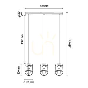 Závěsné svítidlo Netuno, 3xE27, Max. 60 W, borovice mořená do hněda / černý kov / černý PVC kabel / zlatý kovový stínidlo, 76 cm small 3