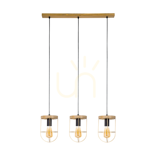 Kontrola Závěsné svítidlo Netuno, 3xE27, Max. 60 W, borovice mořená do hněda / černý kov / černý PVC kabel / zlatý kovový stínidlo, 76 cm