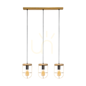 Závěsné svítidlo Netuno, 3xE27, Max. 60 W, borovice mořená do hněda / černý kov / černý PVC kabel / zlatý kovový stínidlo, 76 cm small 0