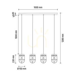 Závěsné svítidlo Netuno 4xE27 Max. 60 W, borovice mořená do hněda / černý kov / černý PVC kabel / zlatý kovový stínidlo, 100 cm small 3