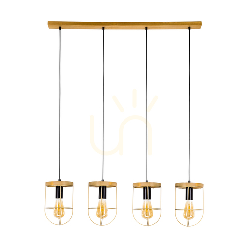 Kontrola Závěsné svítidlo Netuno 4xE27 Max. 60 W, borovice mořená do hněda / černý kov / černý PVC kabel / zlatý kovový stínidlo, 100 cm