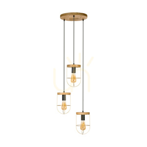 Závěsné svítidlo Netuno 3xE27 Max. 60 W, borovice mořená do hněda / černý kov / černý PVC kabel / zlatý kovový stínidlo Ø 50 cm small 0