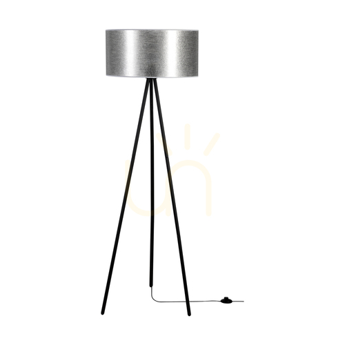 Kontrola Stojací lampa Nevoa 1xE27 Max. 40 W, černý kov / černý PVC kabel / stříbrný stínidlo, Ø 50 cm
