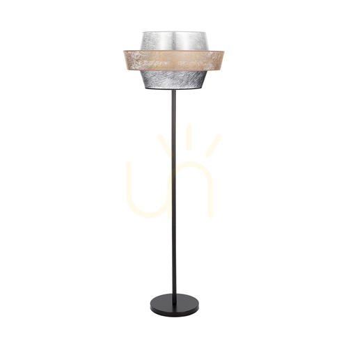 Kontrola Stojací lampa Nevoa 1xE27 Max. 40 W, černý kov / černý PVC kabel / černý-zlatý-stříbrný stínidlo, Ø 55 cm