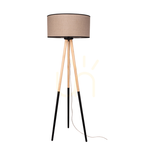 Kontrola Stojací lampa Panda, 1xE27, Max. 60 W, bříza – černá/černá, PVC kabel, béžový lněný stínidlo s černým lemem, Ø 50 cm