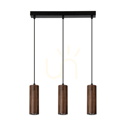 Kontrola Trubkové závěsné svítidlo, včetně 3 LED žárovek GU10 (max.. 5 W), bukové a ořechové dřevo / černý kov / černý PVC kabel (46 cm)