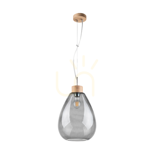 Kontrola Závěsné svítidlo Piro, 1xE27, Max. 60 W, olejovaný dub / průhledný PVC kabel / stínidlo z kouřového skla, Ø 25 cm