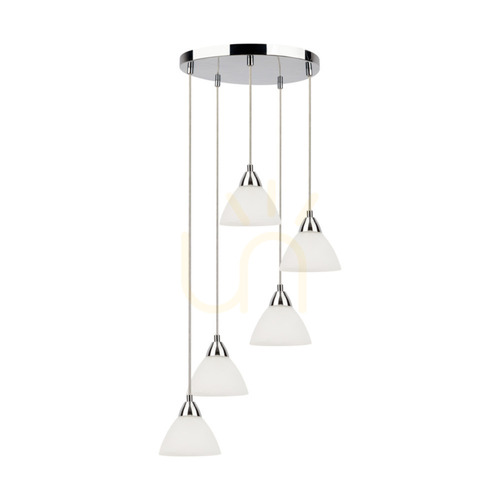 Kontrola Závěsné svítidlo Praha, 5xE14, Max. 40 W, chromovaný kov / průhledný PVC kabel / bílé skleněné stínidlo, Ø 42 cm