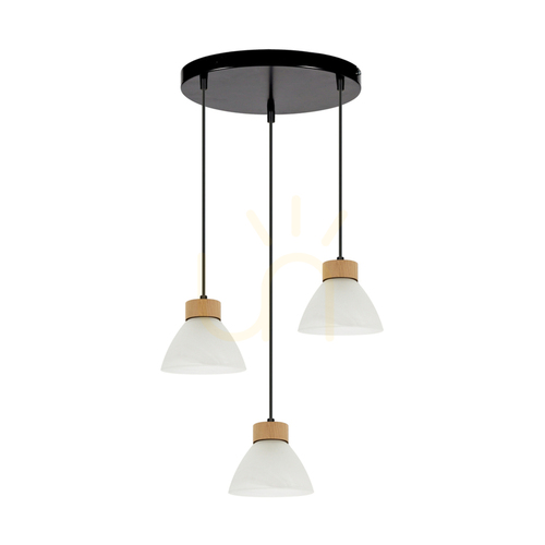 Kontrola Závěsné svítidlo Prahas 3xE14 Max. 40 W, olejovaný dub / černý kov / černý PVC kabel / bílý skleněný stínidlo, Ø 30 cm