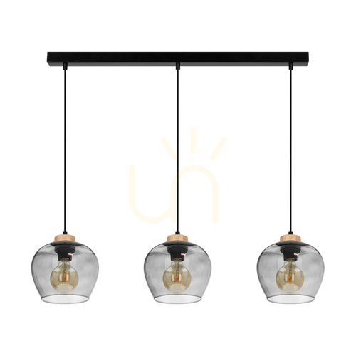 Kontrola Závěsné svítidlo Praia, 3xE27, Max. 60 W, olejovaný dub / černý kov / černý PVC kabel / stínidlo z kouřového skla, 120 cm