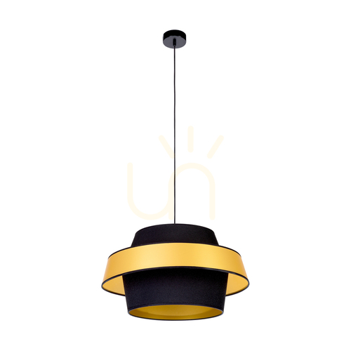 Kontrola Závěsné svítidlo Preto Gold, 1xE27, Max. 60 W, černý kov / černý opletený kabel / černozlatý stínidlo, Ø 55 cm