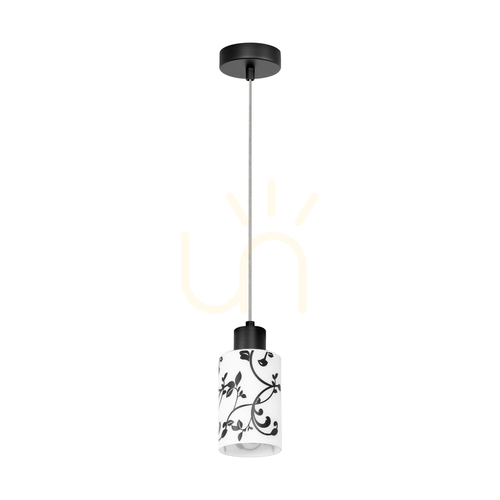 Kontrola Závěsné svítidlo Ravio, 1xE27, Max. 60 W, černý kov / průhledný PVC kabel / bílo-černý skleněný stínidlo, Ø 9,5 cm