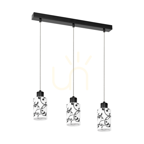 Kontrola Závěsné svítidlo Ravio, 3xE27, Max. 60 W, černý kov / průhledný PVC kabel / bílo-černý skleněný stínidlo, 55 cm