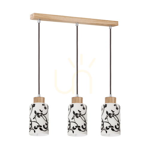 Kontrola Závěsné svítidlo Ravio, 3xE27, Max. 60 W, bříza/černá, PVC kabel, bílé a černé skleněné stínidlo, 54 cm