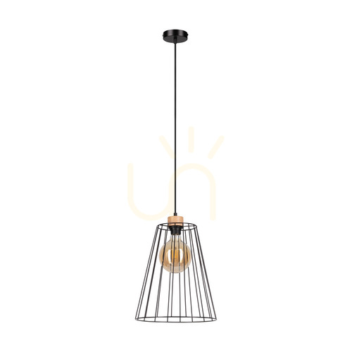 Kontrola Závěsné svítidlo Swan, 1xE27, max.. 60 W, olejovaný dub / černý kov / černý PVC kabel / černý kovový stínidlo Ø 30 cm