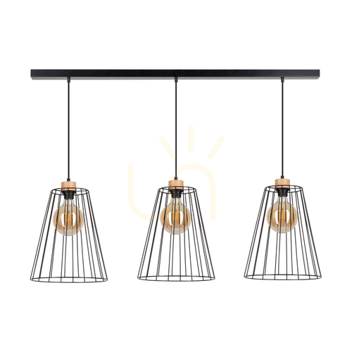 Kontrola Závěsné svítidlo „Swan“, 3xE27, Max. 60 W, olejovaný dub / černý kov / černý PVC kabel / černý kovový stínidlo, 117 cm