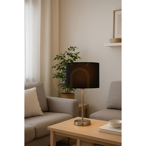 Stolní lampa Tamara, 1xE27, Max. 40 W, saténový kov / průhledný PVC kabel / černý stínidlo, Ø 25 cm small 1