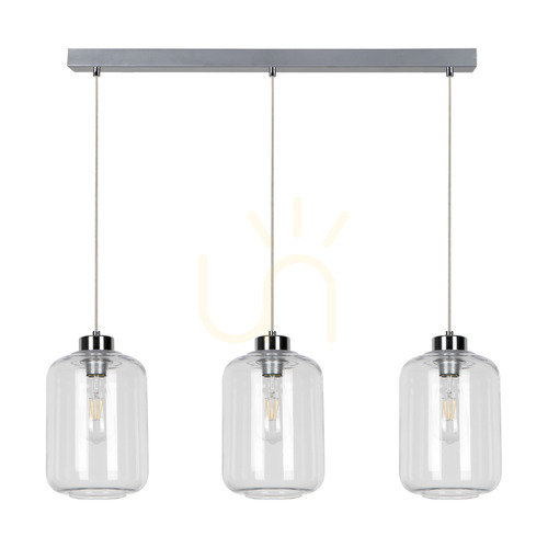 Kontrola Závěsné svítidlo Tarro, 3xE27, Max. 60 W, chromovaný kov / kabel z průhledného PVC / stínidlo z průhledného skla, 76 cm