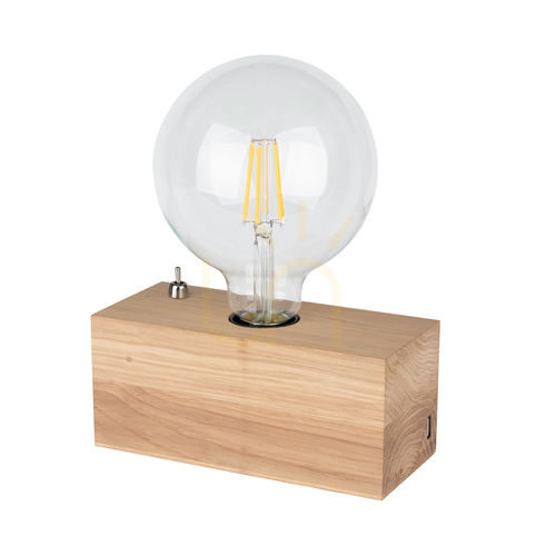 Kontrola Stolní lampa Theo, 1xE27, Max. 25 W, olejovaný dub/černá, PVC kabel s integrovanou USB nabíječkou, 18 cm