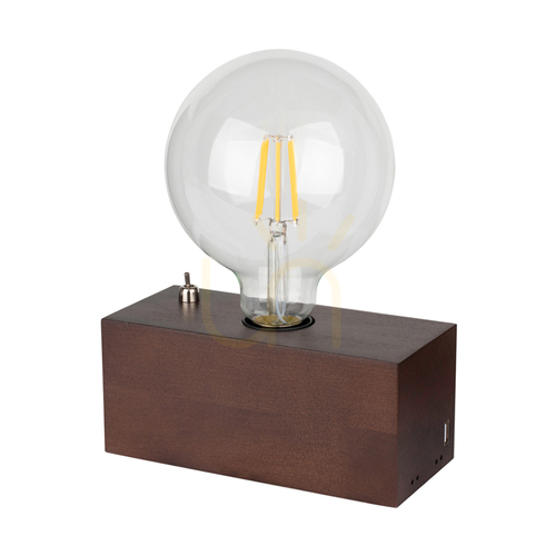 Kontrola Stolní lampa Theo, 1xE27, Max. 25 W, bukové a ořechové dřevo, černý PVC kabel s integrovanou USB nabíječkou, 18 cm