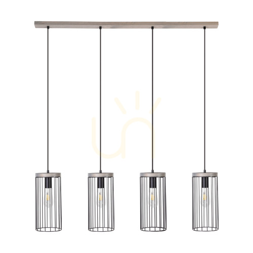 Kontrola Závěsné svítidlo Timeo 4xE27 Max. 60 W, borovice mořená do šeda / černý PVC kabel / černý kovový stínidlo, 100 cm