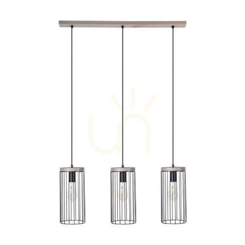 Kontrola Závěsné svítidlo Timeo, 3xE27, Max. 60 W, borovice mořená do šeda, šedo-černý PVC kabel, černý kovový stínidlo, 76 cm