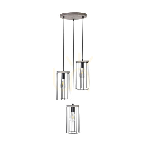 Kontrola Závěsné svítidlo Timeo, 3xE27, Max. 60 W, borovice mořená do šeda, PVC kabel/černý, kovový stínidlo, Ø 40 cm